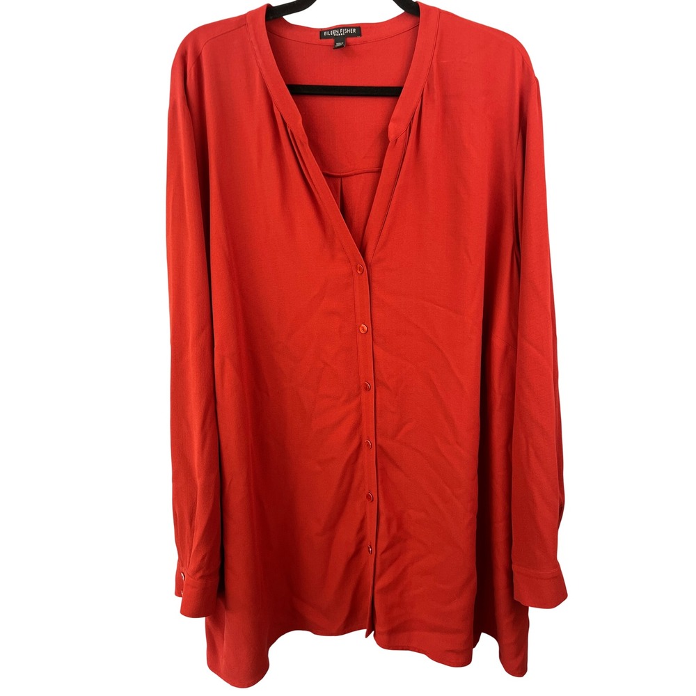Eileen Fisher 100% Silk Mandarin Collar Rust Long Sleeve Button Front Tunic SZ3X